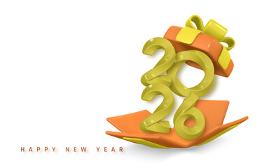 New Year 2026 Celebration Gift Box With 3D Numbers And Ribbon in Orange and Yellow Colors. Festive Holiday Design. Vector Illustration