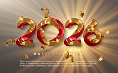 Luxury 2026 New Year Design With Shiny Golden And Red 3D Numbers, Sparkling Confetti, And Light Rays On Elegant Background. Perfect Festive Template. Vector Illustration