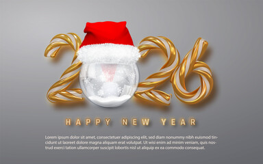 Christmas 2026 Candy Cane Gold Numbers With Santa Hat And Snow Globe On Gray Background. Festive Holiday Greeting For Winter Celebrations. Vector Illustration