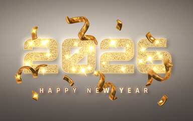 New Year 2026 Celebration With Golden Glitter Numbers, Sparkling Lights And Confetti On Elegant Background. Perfect For Holiday Design And Party Invitations. Vector Illustration