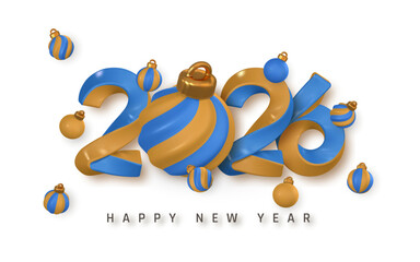 New Year 2026 Celebration With Golden And Blue Christmas Baubles, Festive 3D Typography, And Holiday Ornaments. Stylish Seasonal Design. Vector Illustration
