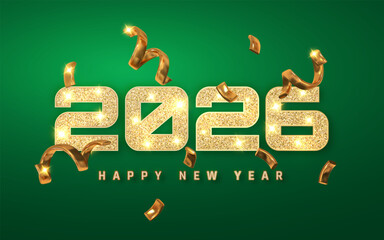 New Year 2026 Celebration with Sparkling Gold Numbers, Green Background, and Golden Confetti. Festive Holiday Party Design. Vector Illustration