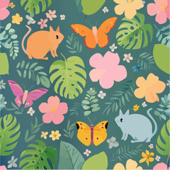 Fototapeta premium Charming illustration of a whimsical forest scene with adorable animal characters, butterflies, vibrant flowers, and lush foliage, a delightful nature-inspired pattern.