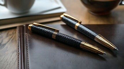 Naklejka premium Two elegant fountain pens placed on a dark leather notebook for business writing.
