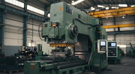High-Precision Industrial Machinery A Close-Up View of a Powerful Metalworking Machine in a Modern Factory Setting