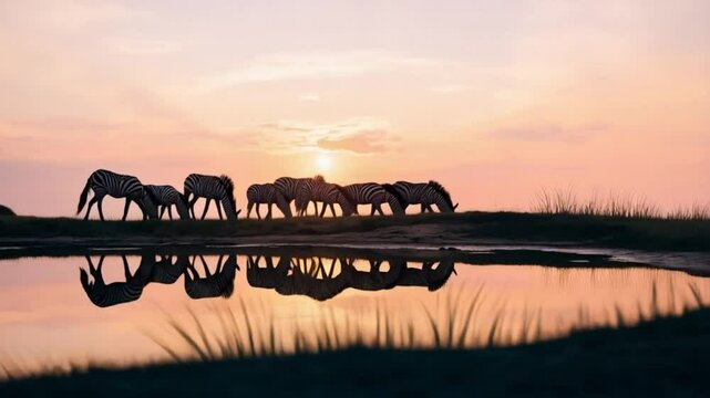 Zebras grazing at sunset reflected in water creating a serene and beautiful landscape scene video