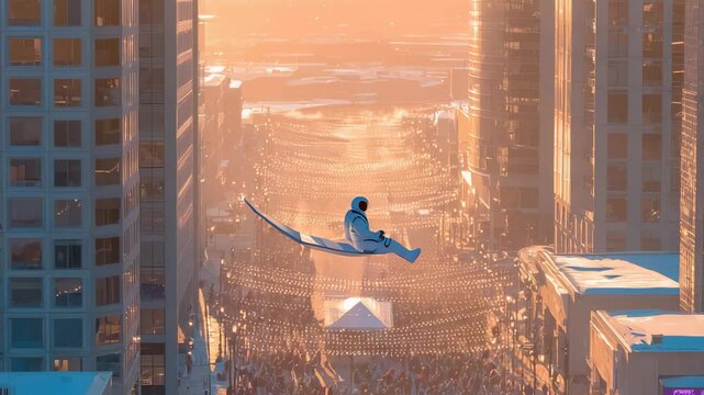 Astronaut on a flying carpet over a city at sunset