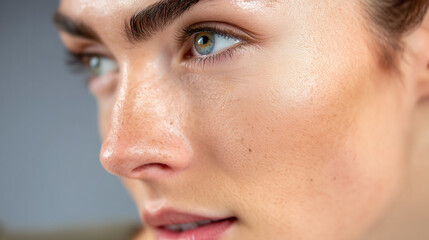 Close up of young woman face showing detailed focus on under cheekbone and side nose with clear skin and natural makeup, highlighting her green eye and well groomed eyebrow