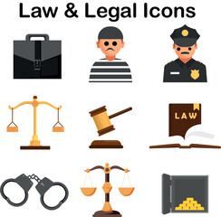 Law icons pack for attorney, legal advice, and compliance tools