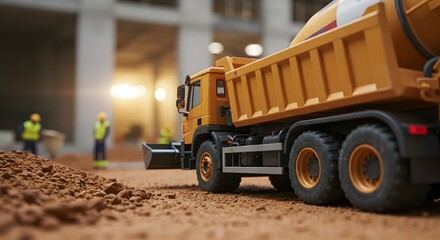 Construction Site Detailed View of a Dump Truck and Workers on a Busy Construction Project