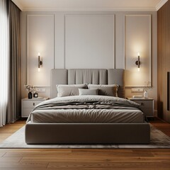 Modern bedroom with upholstered headboard, wall sconces, neutral bedding