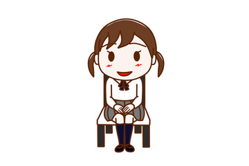 （全身正面）椅子に笑顔で姿勢よくきちんと座る女子学生