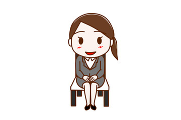 （全身正面）椅子に笑顔で姿勢よくきちんと座るスーツ姿の女性