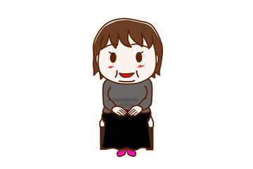 （全身正面）椅子に笑顔で姿勢よくきちんと座る太った女性