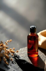 Luxury natural skincare scene with dark amber glass bottles on black stone surface, soft golden lighting, dried herbs and textured fabric accents, deep shadows, rich minimalist aesthetic