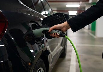 Close-Up Of A Woman's Hand In A Business Suit Plugging A Green Charger Into A Black Electric Car In A Parking Garage, Sustainable Transportation Concept