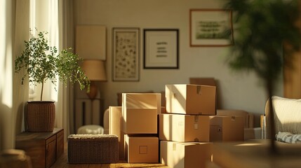 Sunlit home interior with packing boxes ready for moving or unpacking in cozy space