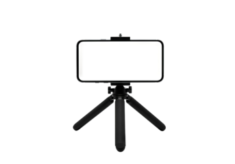 Smartphone on tripod with blank white screen isolated on PNG background, smartphone, tripod, mobile phone, cell phone, blank screen, white screen, mockup, technology, device, gadget, isolated, black