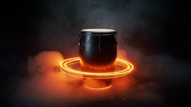 Vibrant conga drum surrounded by glowing smoke effects
