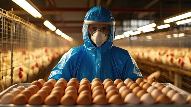 Poultry farm quality control with eggs and worker in hazmat suit ensuring food safety