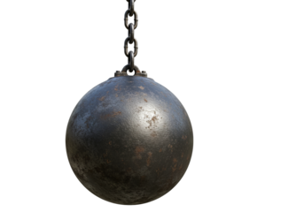 Heavy iron wrecking ball suspended by chain against PNG background, wrecking ball, demolition, ball and chain, iron ball, construction, destruction, heavy, steel, chain, hanging, isolated, black backg