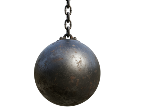 Heavy iron wrecking ball suspended by chain against PNG background, wrecking ball, demolition, ball and chain, iron ball, construction, destruction, heavy, steel, chain, hanging, isolated, black backg