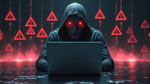 A hooded figure with glowing red eyes, focused on a laptop, surrounded by warning symbols in a dark cyber environment.