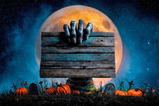 Hand reaching up from the ground holding a wooden sign surrounded by pumpkins and tombstones beneath a full moon at night