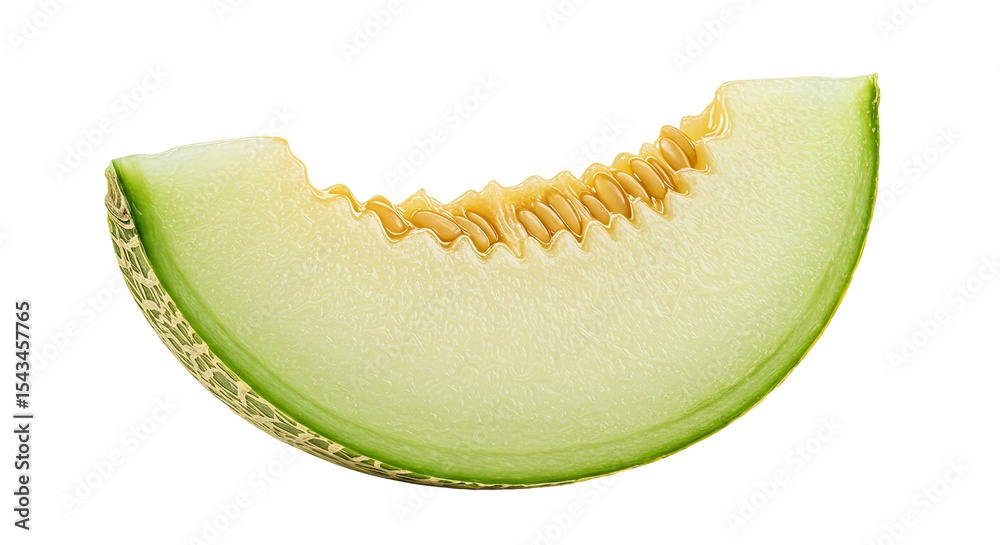 Poster a vibrant slice of honeydew melon with seeds on a black background