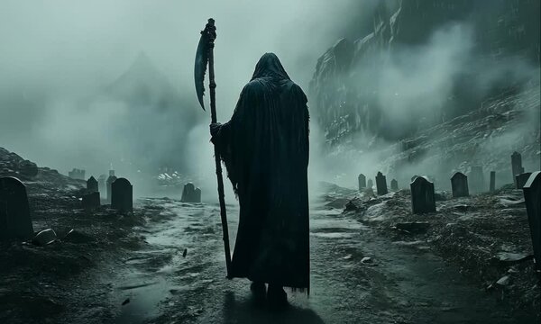 Grim Reaper with Scythe Walking Through Cemetery After Rain. Illustrations of Death, Fear, and the Supernatural