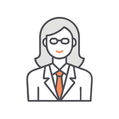 Businesswoman avatar icon with glasses and tie on a black background