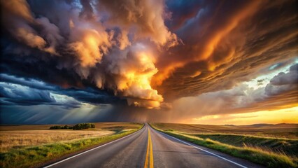 A Dramatic Sunset Sky Over a Long, Straight Highway Through Rolling Fields