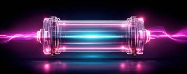 Battery energy trends concept. A glowing futuristic battery emitting vibrant blue and pink energy beams, symbolizing advanced power storage and technology.
