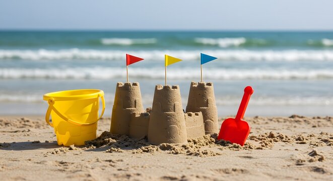 Sandcastles and Beach Toys on a Sunny Seashore - Powered by Adobe