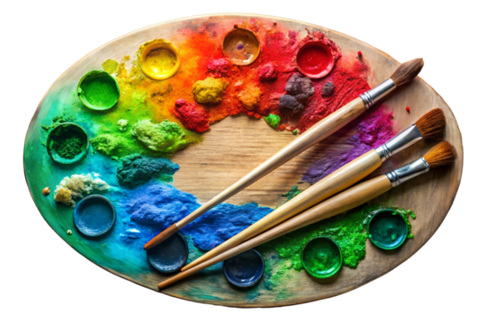 Vibrant artists palette with assorted paints and brushes ready for creative expression, artist, palette, paint, painting, colors, colorful, brush, paintbrush, creative, creativity, art, artistic, stud