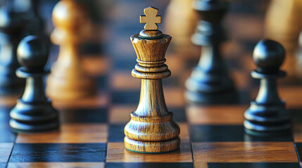 A chess board with a wooden king piece in the foreground and a blurred background of other chess pieces.