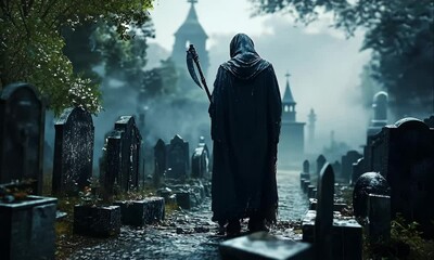 Dark Grim Reaper with Scythe Walking Through Foggy Graveyard After Rain - Powered by Adobe