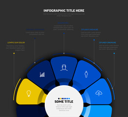 A modern radial infographic template showing a circular design with various colored segments and icons. This clean infographic template is perfect for data visualization and business presentations.