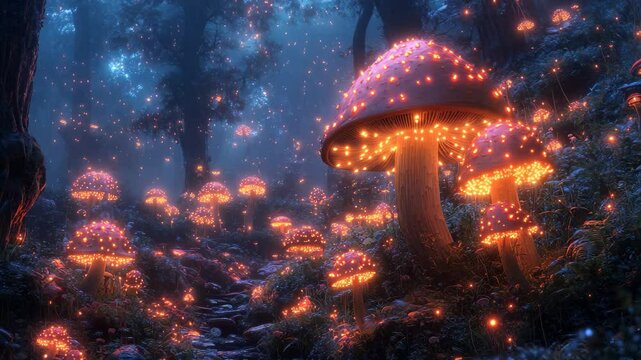 A magical forest comes alive with bioluminescent mushrooms glowing softly among the trees. The tranquil setting at twilight reveals a realm of wonder, brimming with nature's allure and mystery.