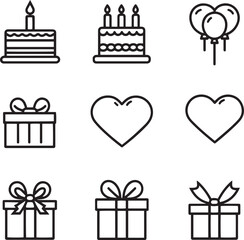 Birthday Celebration Icon Set, Gift and Heart Line Art, Party Symbols.