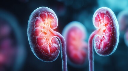 Close-up of healthy human kidney with glowing golden light symbolizing healing and recovery, medical and healthcare concept for organ donation, transplant surgery, urology and nephrology.