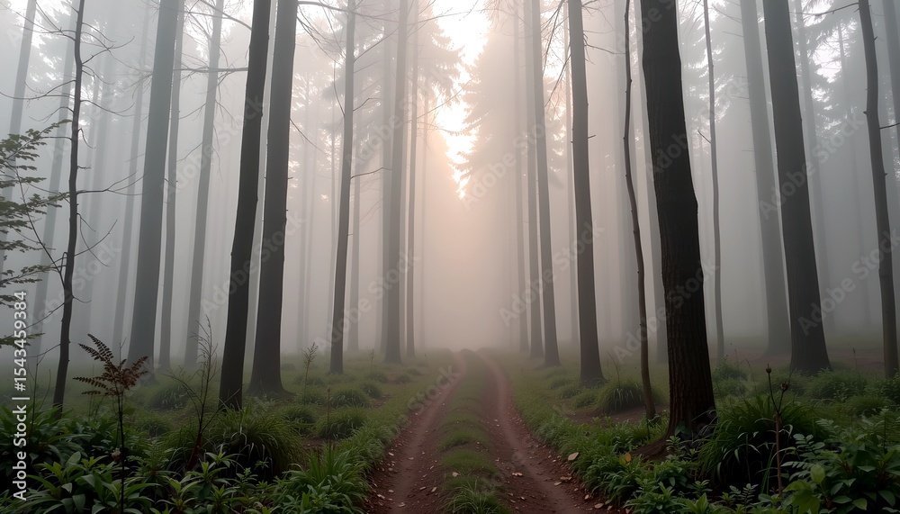 Poster a forest road shrouded in mist, with trees lining the path and light piercing through the fog. this 