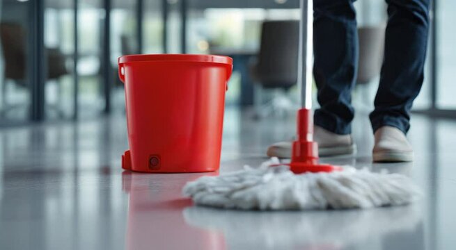 Cleaning a shiny floor with a mop and a red bucket in a modern office setting