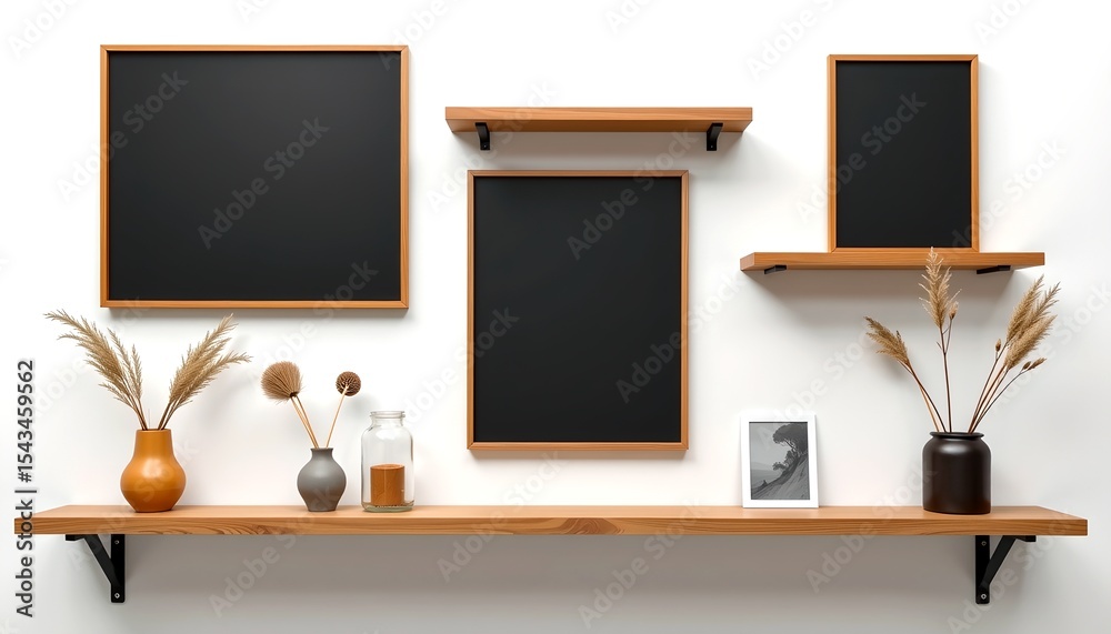 Poster Elegant and modern shelves with wooden frames and stylish decorations, adding a touch of sophistication to any space. The setup showcases an arrangement of picture frames, vases.
