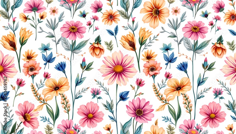 Poster a pattern of colorful flowers and foliage in full bloom, a vibrant and fresh background suitable for various applications