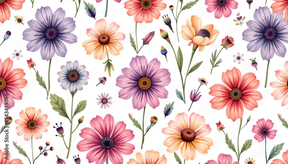 Aufkleber vibrant floral pattern featuring various colorful flowers, perfect for textile and design projects. 