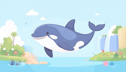 Killer whale, A cartoon whale swims joyfully in a colorful, vibrant landscape with waterfalls and tropical plants.