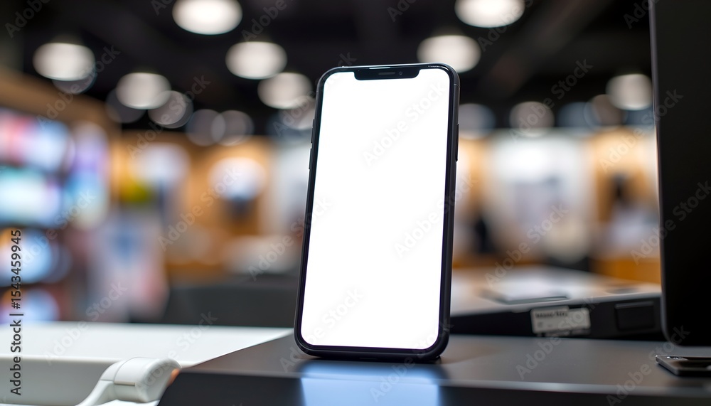 Poster a modern smartphone with a blank screen displayed on a store display. This image is perfect for illustrating app interfaces, website designs, or any digital content