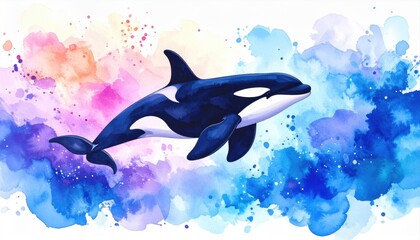 Killer whale, Orca swimming through vibrant watercolor splashes in shades of blue and pink.