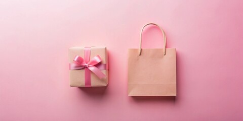 A delicately wrapped gift box with a pink ribbon and a matching pastel shopping bag on a soft pink background, ready for a special occasion.